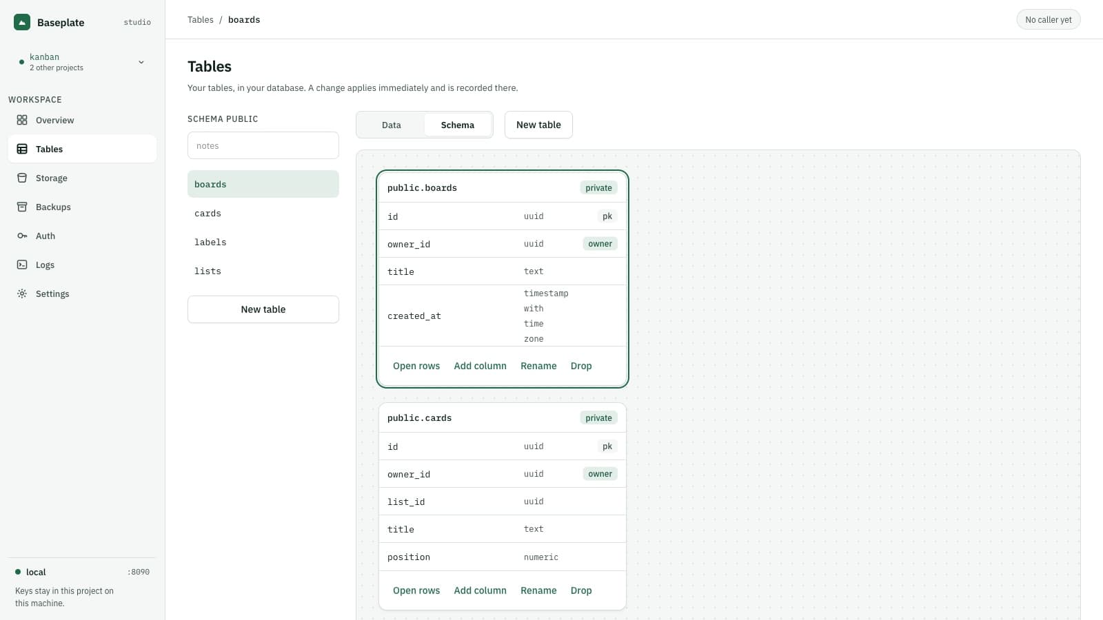 The schema view: boards and cards tables with their columns, each marked private, and the id and owner_id columns Baseplate adds.