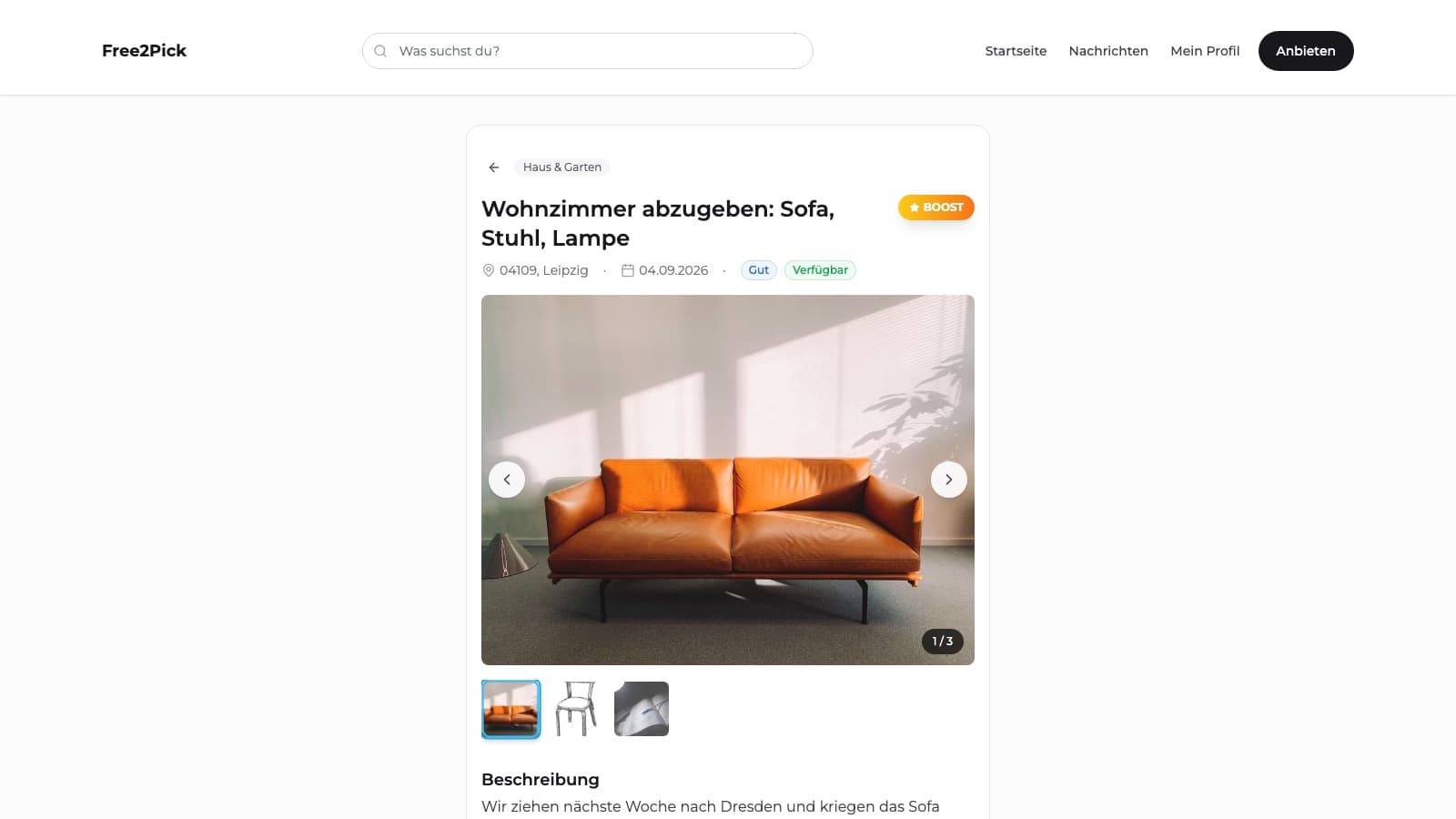 One listing: photographs of the items, the pickup location, and the description its owner wrote.