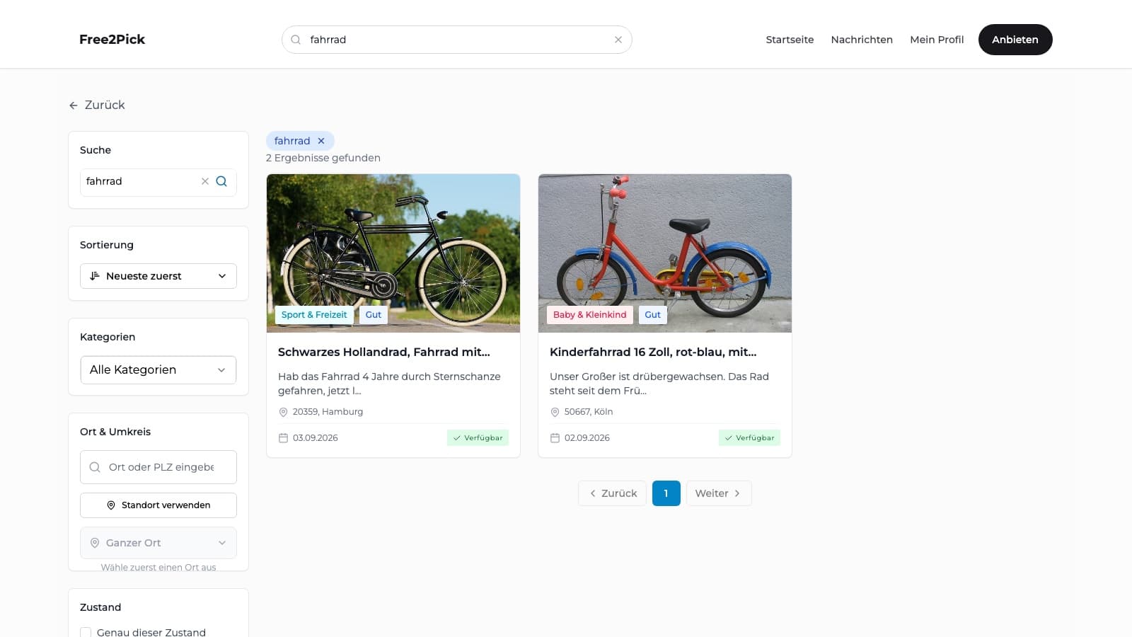 Searching the catalogue for a bicycle.