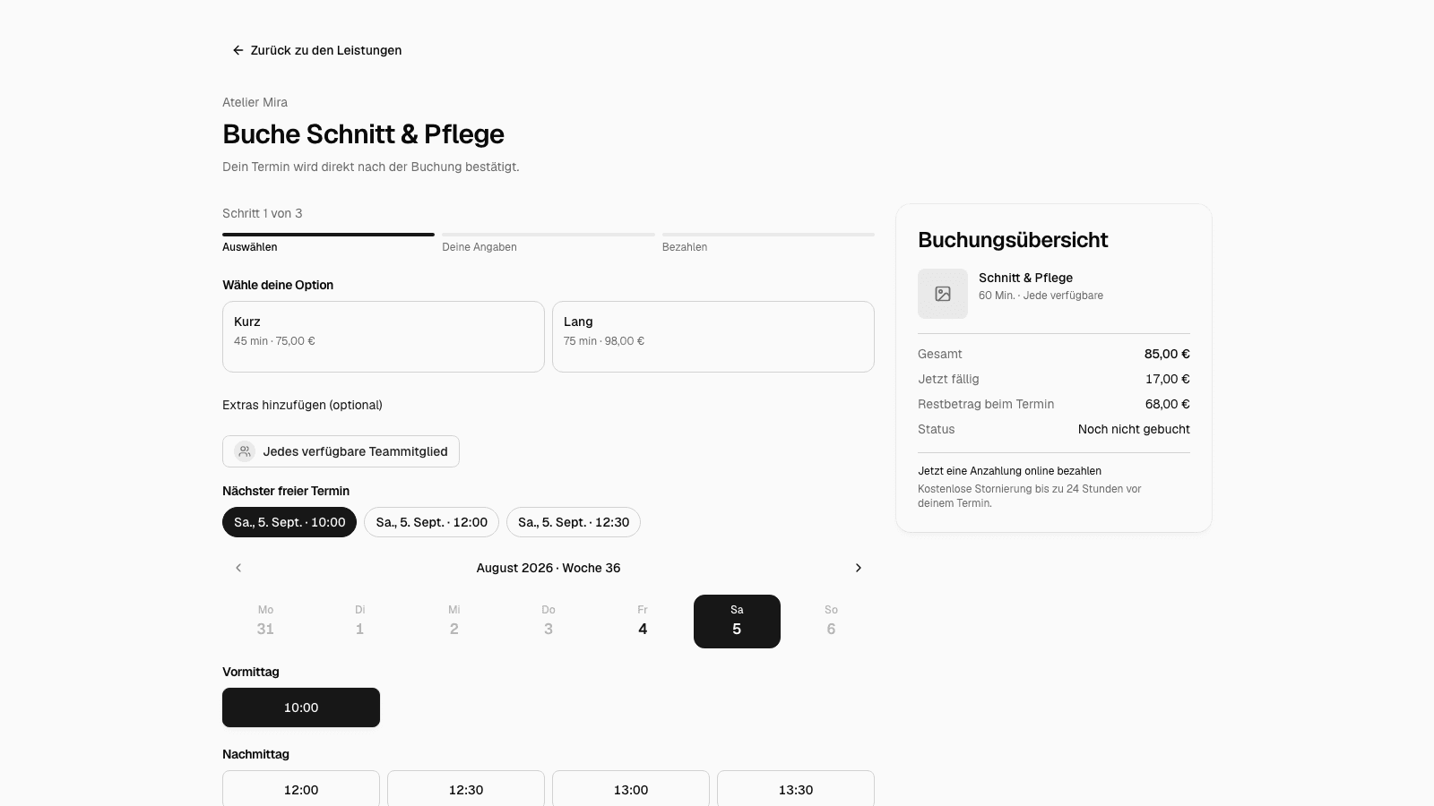 Choosing a slot in the booking flow, against that salon's real working hours.