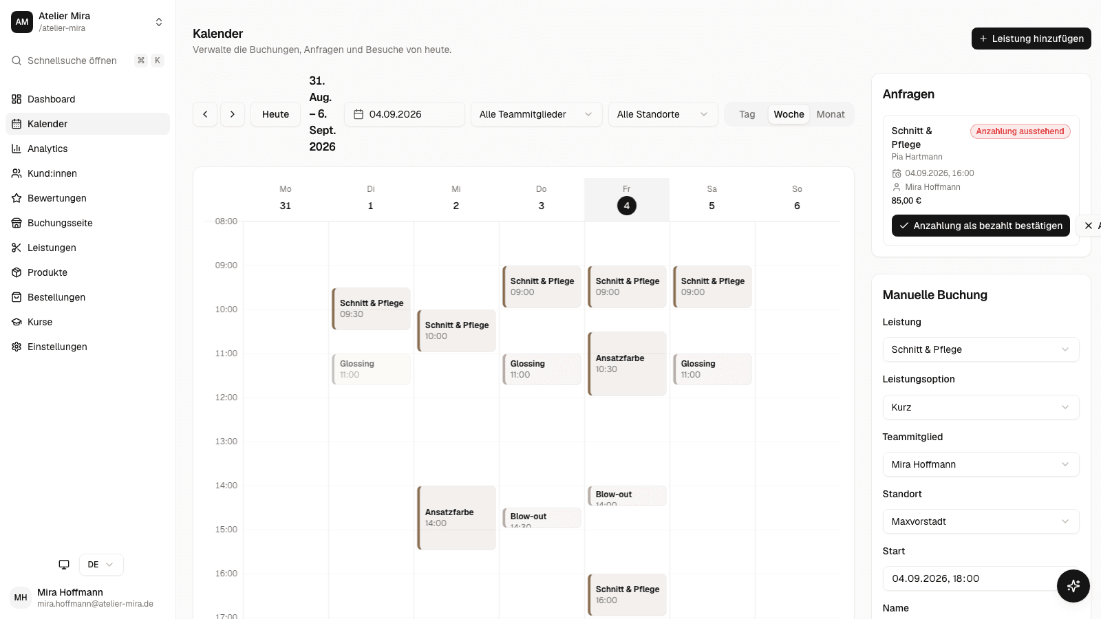 The staff calendar for one week, with bookings spread across Tuesday to Saturday.