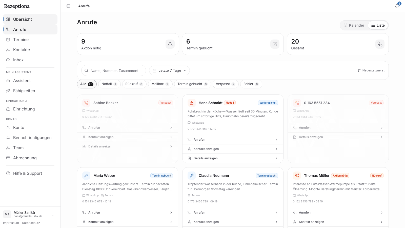 The call list, filtered by what each call needs: action required, emergency, callback, voicemail, appointment.