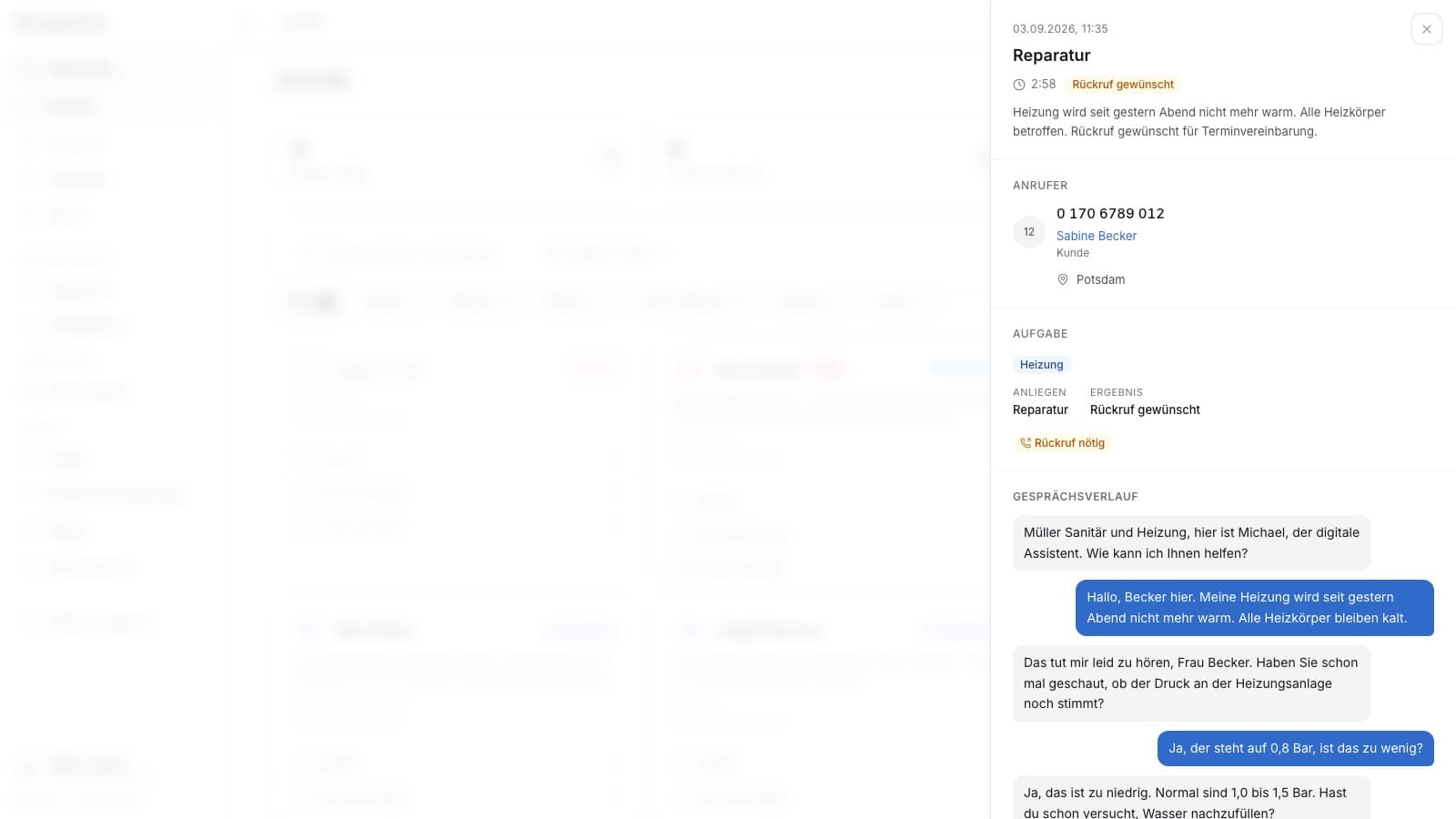 A call opened in the job list: the caller, the extracted task, and the German transcript of the agent diagnosing a cold radiator down to boiler pressure.